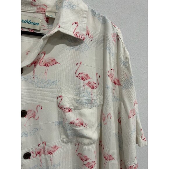 Caribbean Mens Flamingo Print Button-Up LInen Blend Shirt XXL White Pink - Picture 4 of 8